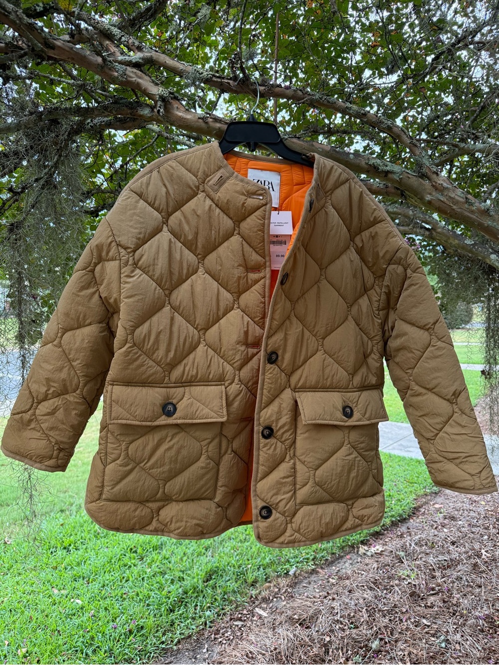 Zara Quilted Tan Jacket with Orange Lining